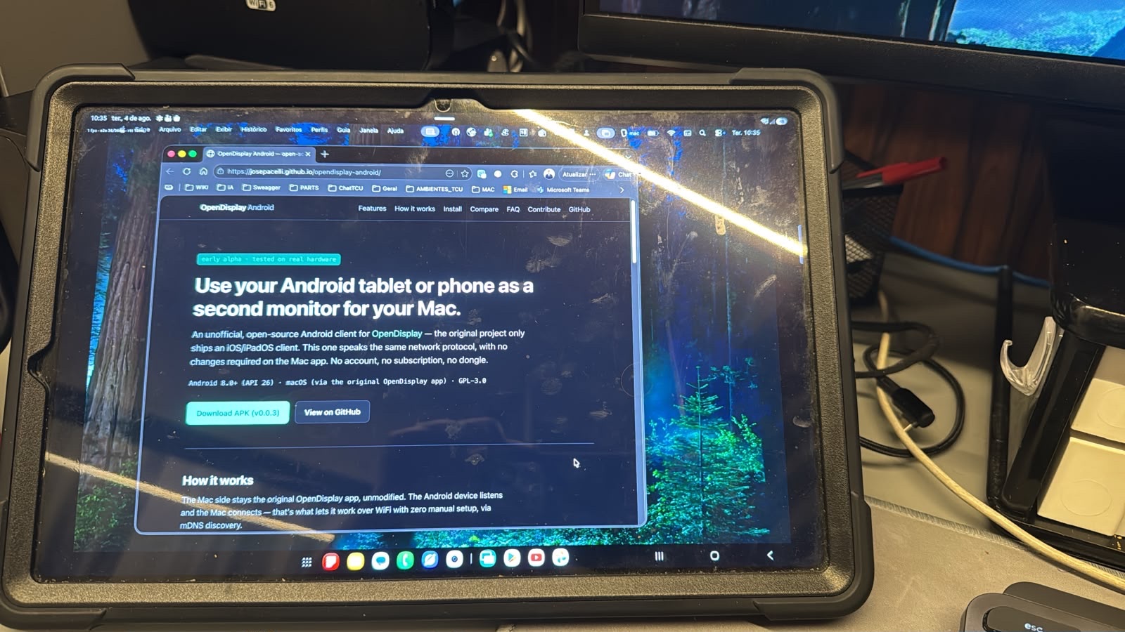 Android tablet on a desk, mirroring this landing page from the Mac over WiFi